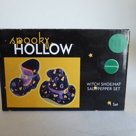 NEW 2003 SPOOKY HOLLOW WITCH HAT BOOT CERAMIC SALT PEPPER SHAKER SET - Picture 12 of 15